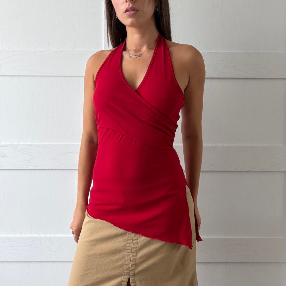 Vintage Tres Bien Red Halter Wrap Top Asymmetrical Handkerchief Hem Y2K Medium